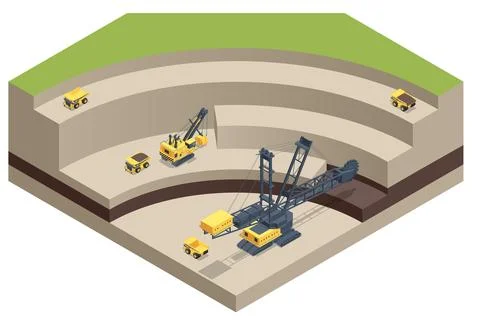 Isometric mining quarry, mine with large quarry dump truck and Bucket-wheel Stock Illustration