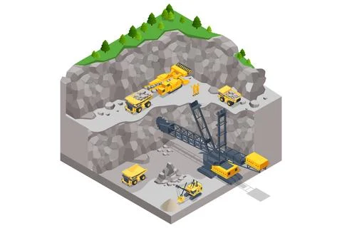 Isometric mining quarry, mine with large quarry dump truck and Bucket-wheel Illustrazione stock