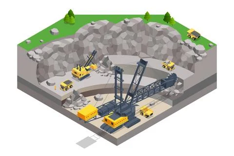 Isometric mining quarry, mine with large quarry dump truck and Bucket-wheel Stock Illustration