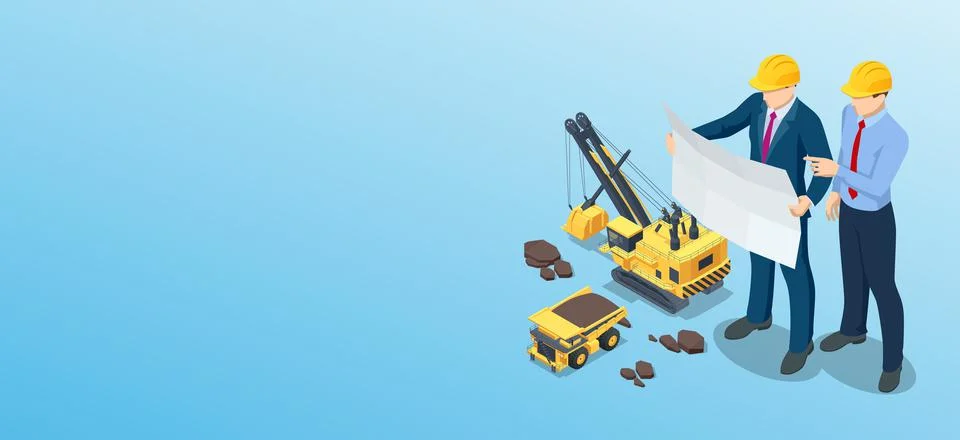 Isometric mining quarry, mine with large quarry dump truck and power shovel Stock Illustration