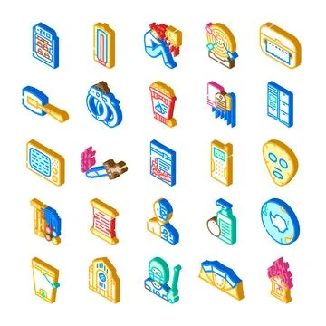 Isometric miscellaneous objects and concepts set illustrating various themes Stock Illustration