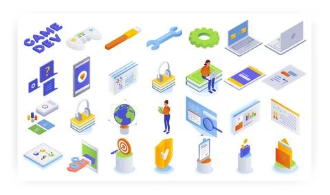 Isometric mobile and computer gaming icon set, vector isolated illustration Stock Illustration