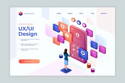 Isometric mobile app. UX UI web design landing. 3D website platform. Tablet Stock Illustration