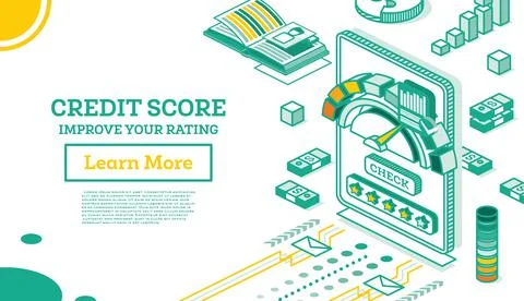 Isometric Mobile Application for Checking Personal Credit Score. Illustrazione stock