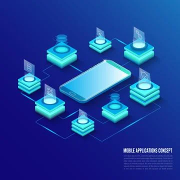 Isometric Mobile Applications concept. Developing programming and coding tech Stock-Illustration