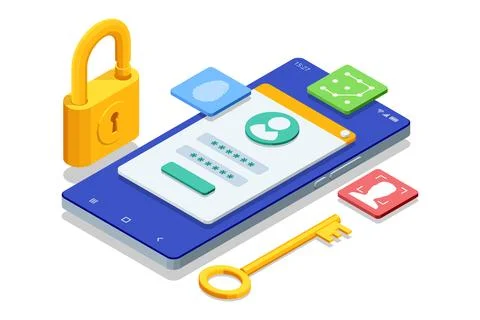 Isometric mobile authentication smartphone login screen, padlock, key and Stock-Illustration