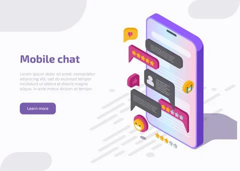 Isometric mobile chat application interface on smartphone screen Stock Illustration