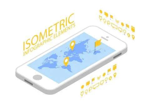 Isometric mobile GPS navigation concept, Smartphone with world map applicat.. 库存插图