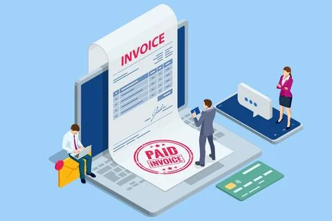 Isometric Mobile invoice payment concept. Secure online billing, payment, and Stockillustratie