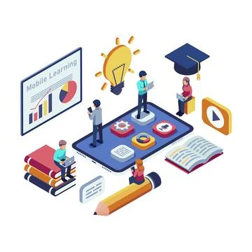 Isometric Mobile Learning with Students using Educational Apps Stock Illustration