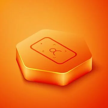 Isometric Mobile phone and face recognition icon isolated on orange backgroun Stock Illustration