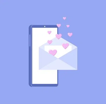 Isometric mobile phone with envelope and flying hearts on purple background Stock Illustration