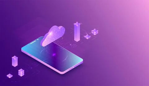Isometric mobile phone. ?ig data flow processing concept, cloud database. Abs Stock Illustration