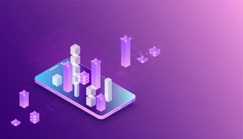 Isometric mobile phone. ?ig data flow processing concept, cloud database. Abs Stock Illustration