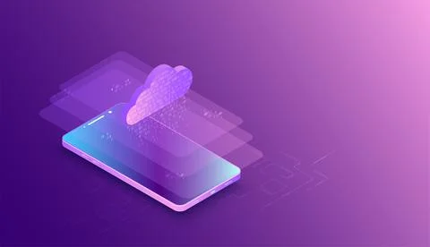 Isometric mobile phone. ?ig data flow processing concept, cloud database. Abs Stock Illustration