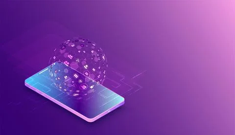 Isometric mobile phone. ?ig data flow processing concept, cloud database. Abs Stock Illustration