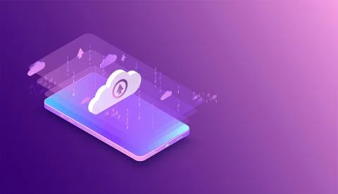 Isometric mobile phone. ?ig data flow processing concept, cloud database. Abs Stockillustratie