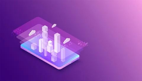 Isometric mobile phone. ?ig data flow processing concept, cloud database. Abs Illustrazione stock
