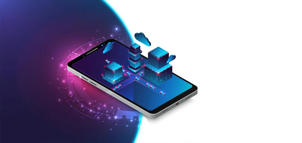 Isometric mobile phone. ?ig data flow processing concept, cloud database. Abs Illustrazione stock