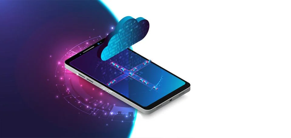 Isometric mobile phone. ?ig data flow processing concept, cloud database. Abs Stock Illustration