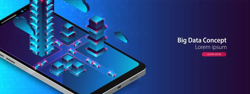 Isometric mobile phone. ?ig data flow processing concept, cloud database. Abs Illustrazione stock