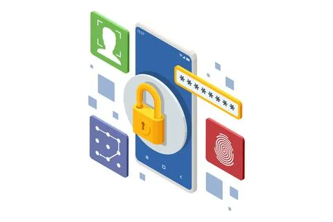 Isometric mobile security illustration with smartphone, padlock, password field Stock-Illustration