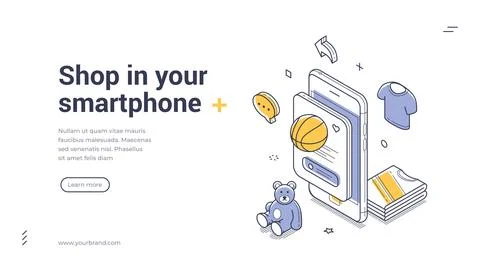 Isometric mobile shopping banner template. Vector illustration of buying good Stock Illustration