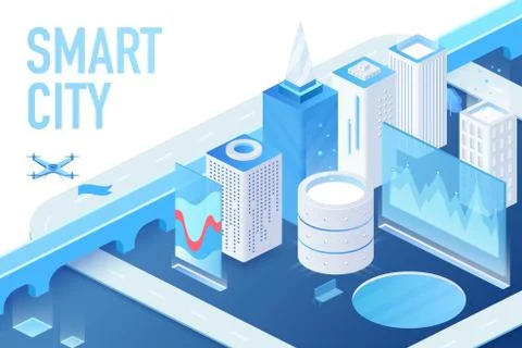 Isometric model of modern smart city with data centers, servers and matrix Stock Illustration