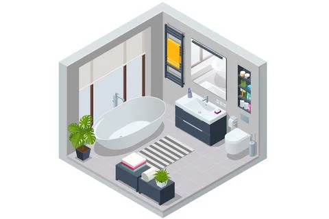 Isometric Modern bathroom interior with white toilet, mirror, sink and bathtub. Stock Illustration