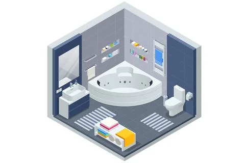 Isometric Modern bathroom interior with white toilet, mirror, sink and bathtub. Stock Illustration