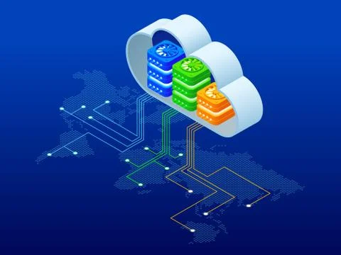Isometric modern cloud technology and networking concept. Web cloud technology Stock Illustration