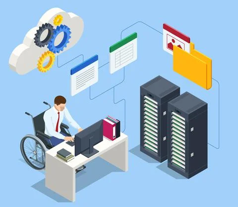 Isometric modern cloud technology and networking concept. Web cloud technology Stock Illustration