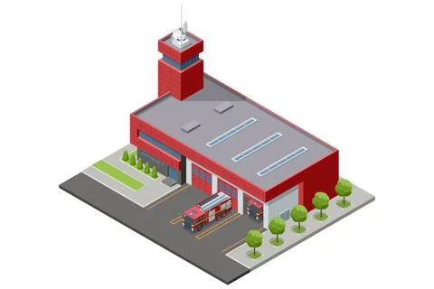 Isometric modern fire station with fire engines and response bays Stock Illustration