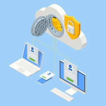 Isometric money from cloud computing, online and secure payment analysis Stock Illustration