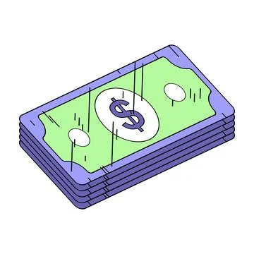 Isometric money stack with stylized green and purple dollar bills for business Stock Illustration