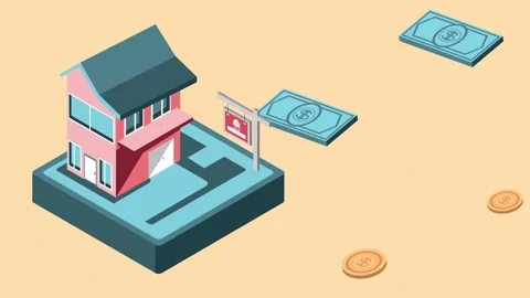 Isometric motion graphic animation of a house with a for sale sign and mone.. 库存影片 338314830