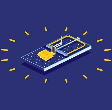 Isometric Mouse Trap with Small Piece of Cheese. Icon on blue background. E.. Stock Illustration