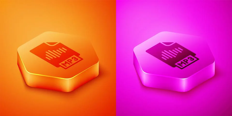 Isometric MP3 file document. Download mp3 button icon isolated on orange and 스톡 일러스트