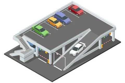 Isometric multi-level parking garage filled with various colored cars. The Ilustración de archivo