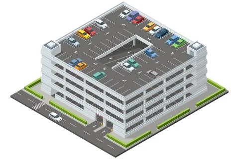 Isometric multi-level parking garage filled with various colored cars. The Ilustración de archivo