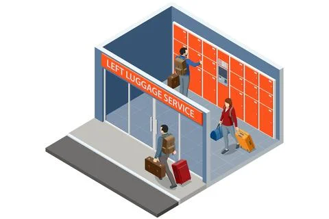 Isometric multicolor luggage locker system with digital control panel. Automated Stock Illustration