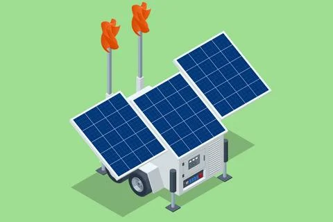 Isometric multifunctional electricity generator. Solar panels, wind panels and a Stock Illustration