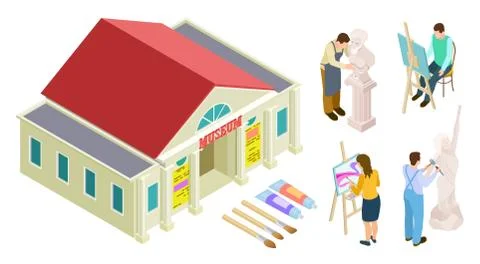 Isometric museum building. Vector art gallery. Artists, sculptors, restorers at Ilustración de archivo