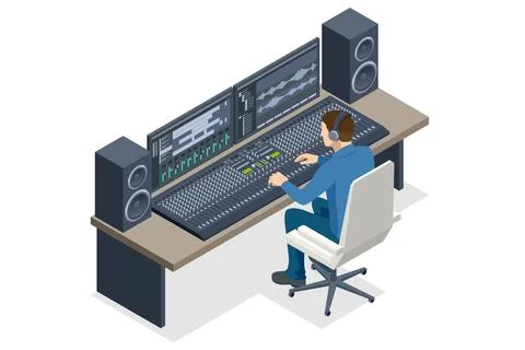Isometric Music Recording Studio. Engineer working on recording studio mixer 스톡 일러스트