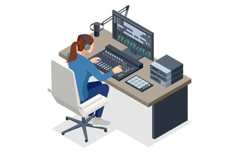 Isometric Music Recording Studio. Engineer working on recording studio mixer イラスト素材
