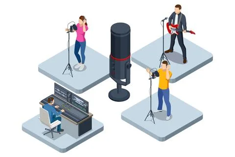 Isometric Music Recording Studio. Engineer working on recording studio mixer Illustrazione stock