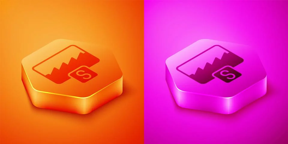 Isometric Music wave equalizer icon isolated on orange and pink background Stock Illustration