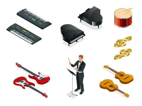 Isometric Musical instruments icons vector realistic set Stock Illustration