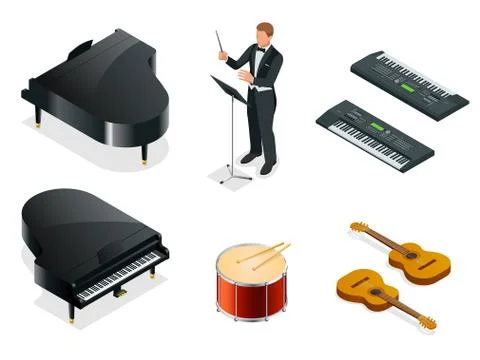 Isometric Musical instruments icons vector realistic set 스톡 일러스트