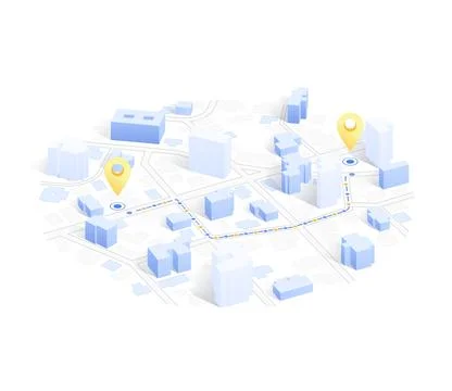 Isometric navigation on city concept. Geolocation yellow pin on street. Stock Illustration